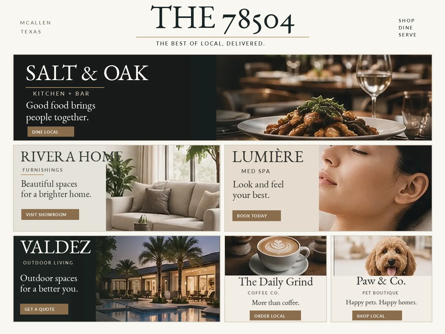 Illustrative front of The 78504 oversized postcard, showing six professionally designed local business advertisements